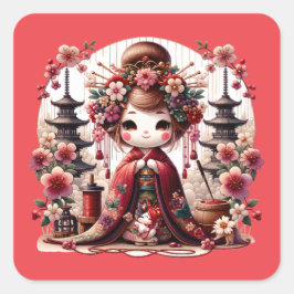 Japanische Geisha-Niedliche Szene Quadratischer Aufkleber