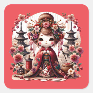 Japanische Geisha-Niedliche Szene Quadratischer Aufkleber