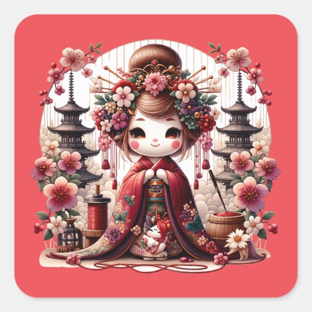 Japanische Geisha-Niedliche Szene Quadratischer Aufkleber (Vorderseite)