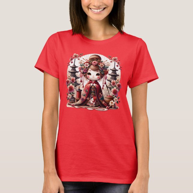Japanische Geisha-Niedliche Szene T-Shirt (Vorderseite)