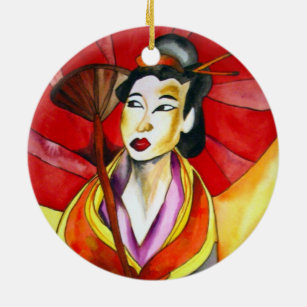 Japanische Geisha-Originalkunst Aquarellmalerei Keramikornament