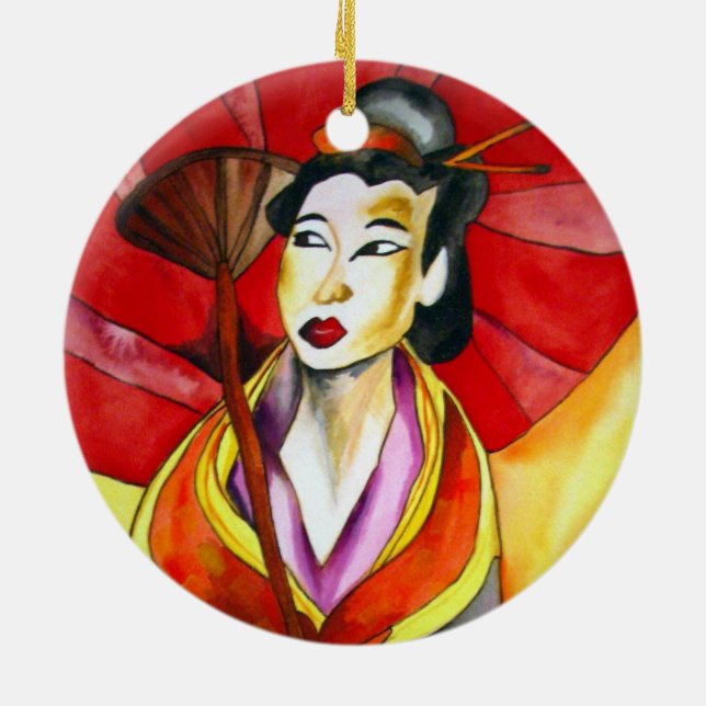 Japanische Geisha-Originalkunst Aquarellmalerei Keramikornament (Hinten)