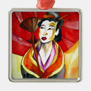 Japanische Geisha-Originalkunst Aquarellmalerei Silbernes Ornament