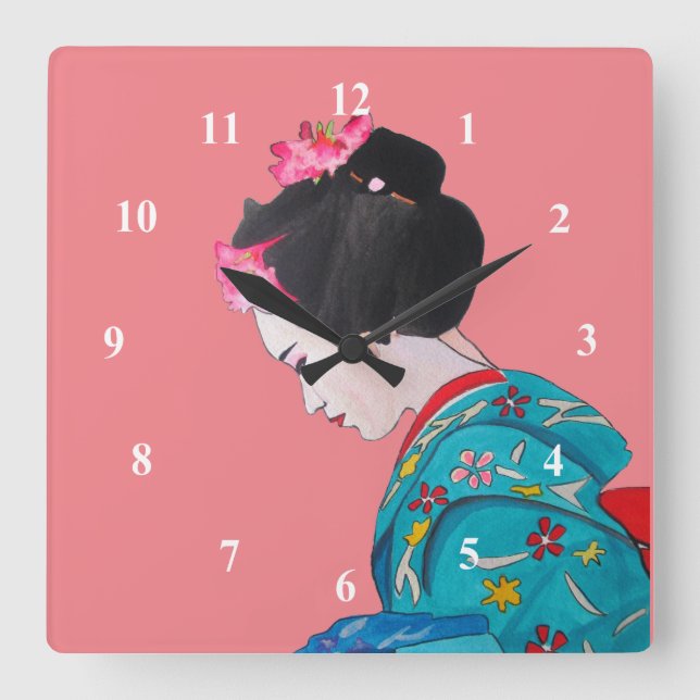 Japanische Geisha rosa Blüte niedliche Kunst Quadratische Wanduhr (Vorderseite)