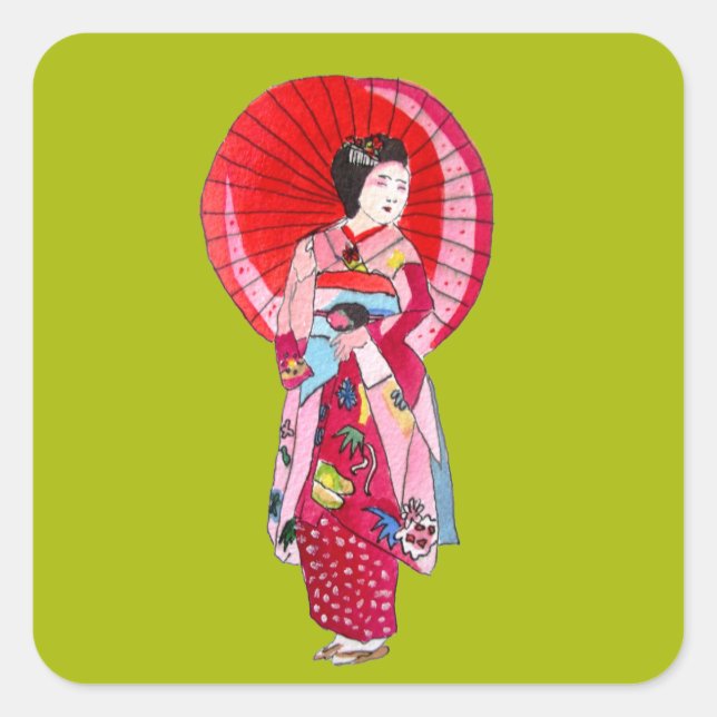 Japanische Geisha-Rote Kimono-niedliche Kunst Quadratischer Aufkleber (Vorderseite)