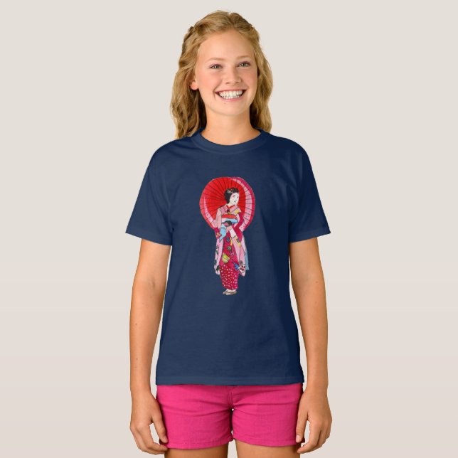 Japanische Geisha-Rote Kimono-niedliche Kunst T-Shirt (Vorne ganz)