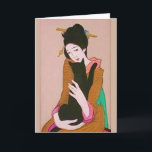 Japanische Geisha und Black Cat Grußkarte Karte<br><div class="desc">Eine perfekt bezaubernde Kunstarbeit zeigt eine japanische Frau,  die sich eine schwarze Katze hält. Die Farben sind wirklich schön. Ich lege die längere Version auf die Rückseite,  um sie mit den Farben anzuzeigen.</div>