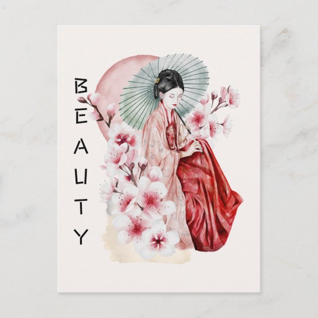 Japanische Geisha Wasserfarbe mit Kimono und Sakur Postkarte (Vorderseite)