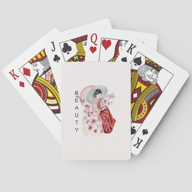 Japanische Geisha Wasserfarbe mit Kimono und Sakur Spielkarten (Rückseite)