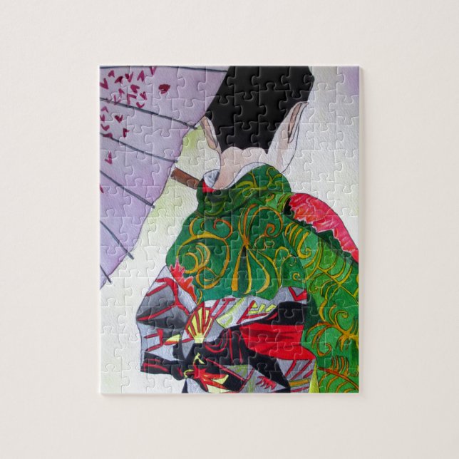Japanische Geishakunst mit Kimono und Regenschirm (Vertikal)