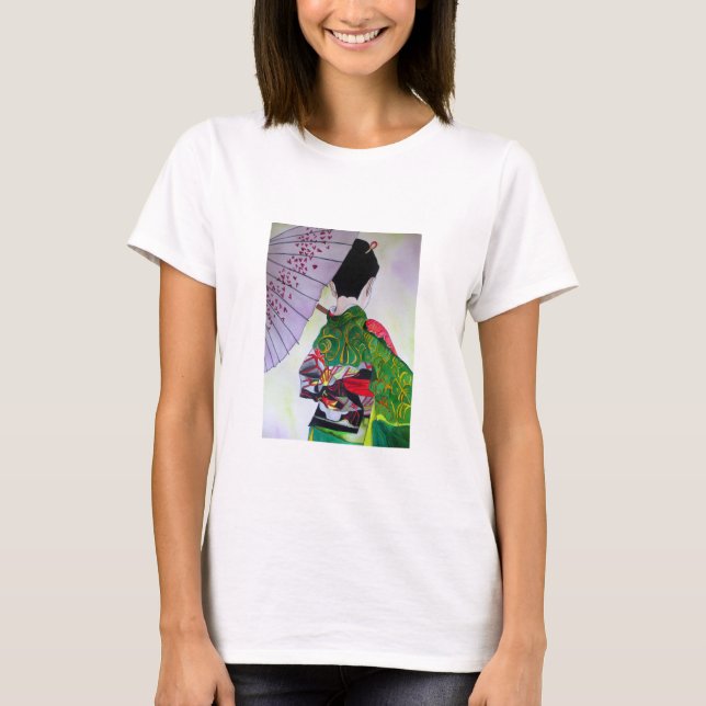 Japanische Geishakunst mit Kimono und Regenschirm T-Shirt (Vorderseite)