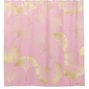 Japanische Ginkgo-Gold-Linienkunst Rosa Muster Duschvorhang