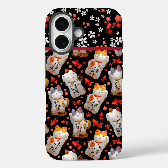 Japanische glückliche Katzen und Koi-Karpfen-Muste iPhone 16 Hülle (Rückseite)