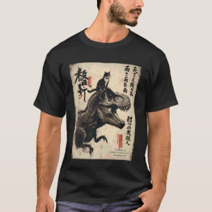 Japanische Kalligrafie Katze reitet auf Dinosaurie T-Shirt