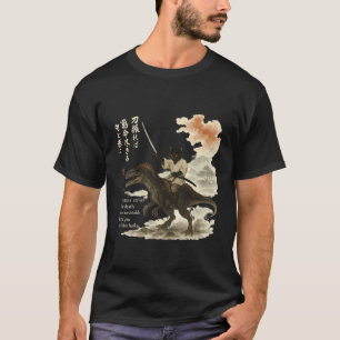 Japanische Kalligrafie-Katze reitet auf einem Dino T-Shirt