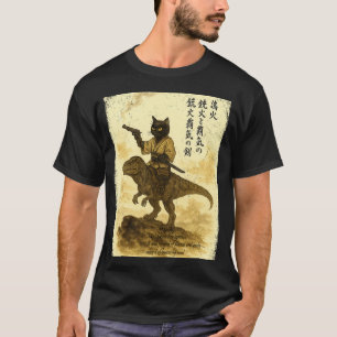 Japanische Kalligrafie-Katze reitet auf einem Dino T-Shirt