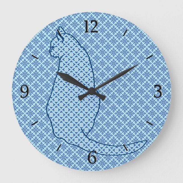 Japanische Katze - Blue Kimono Print Große Wanduhr (Vorderseite)