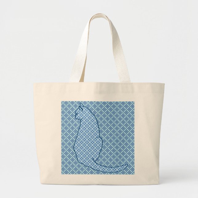 Japanische Katze - Blue Kimono Print Jumbo Stoffbeutel (Vorne)