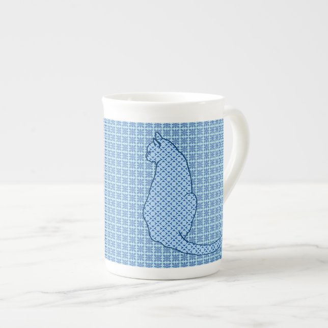 Japanische Katze - Blue Kimono Print Prozellantasse (Vorderseite Rechts)