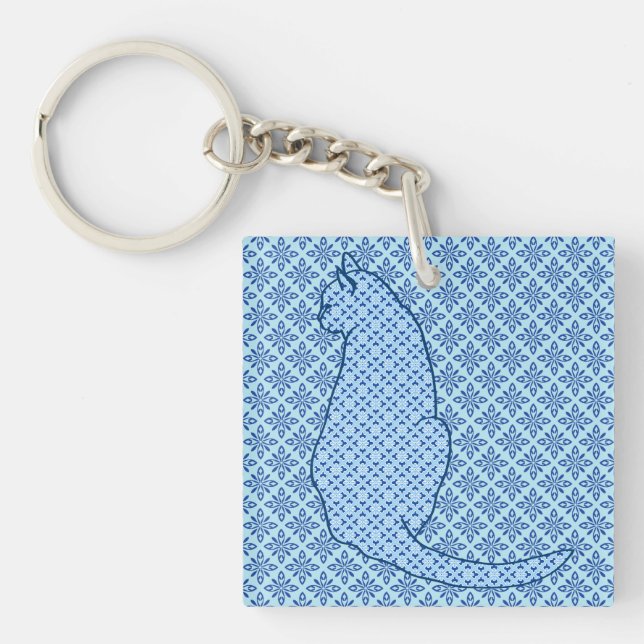 Japanische Katze - Blue Kimono Print Schlüsselanhänger (Vorderseite)