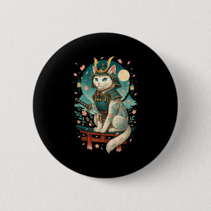 Japanische Katze Cherry Blossom Samurai Moonlight Button