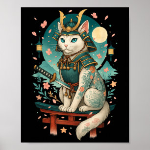 Japanische Katze Cherry Blossom Samurai Moonlight Poster