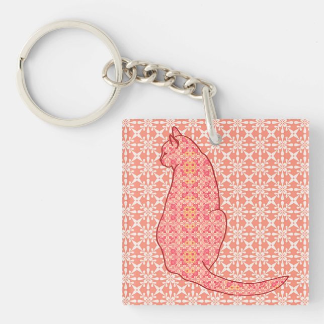 Japanische Katze - Coral Orange Batik Schlüsselanhänger (Vorderseite)