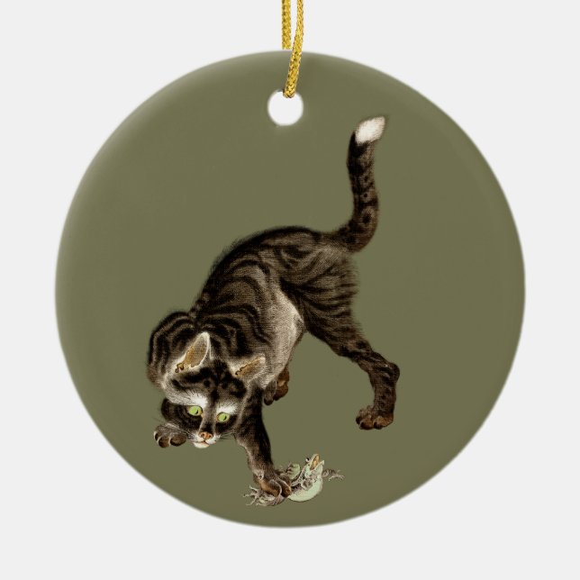 Japanische Katze fängt einen Frosch Keramik Ornament (Vorne)