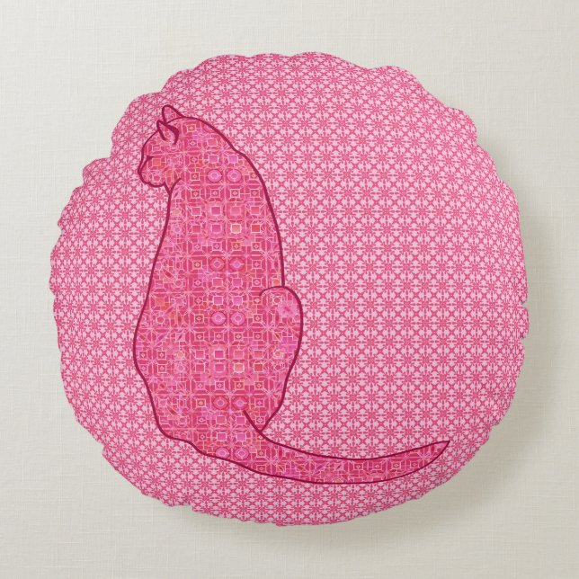 Japanische Katze - Fuchsia Pink Batik Rundes Kissen (Vorderseite)