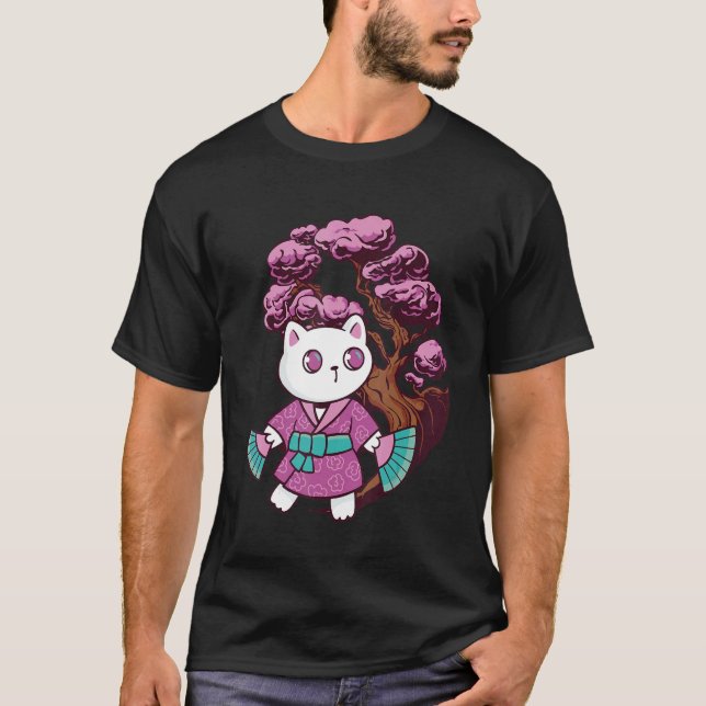 Japanische Katze Kitten Bonsai Tree Japan Cherry B T-Shirt (Vorderseite)