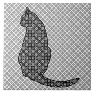 Japanische Katze - Schwarz-Weiß-Kimono-Druck Fliese