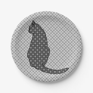 Japanische Katze - Schwarz-Weiß-Kimono-Druck Pappteller