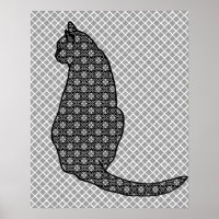 Japanische Katze - Schwarz-Weiß-Kimono-Druck