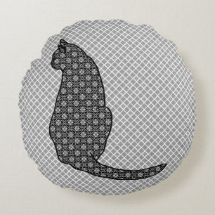 Japanische Katze - Schwarz-Weiß-Kimono-Druck Rundes Kissen
