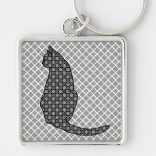 Japanische Katze - Schwarz-Weiß-Kimono-Druck Schlüsselanhänger