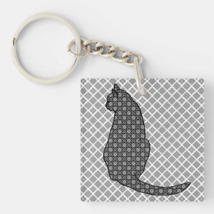 Japanische Katze - Schwarz-Weiß-Kimono-Druck Schlüsselanhänger