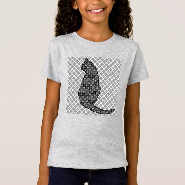Japanische Katze - Schwarz-Weiß-Kimono-Druck T-Shirt (Vorderseite)