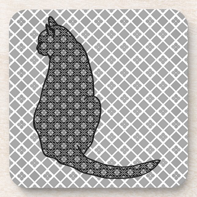 Japanische Katze - Schwarz-Weiß-Kimono-Druck Untersetzer (Vorderseite)