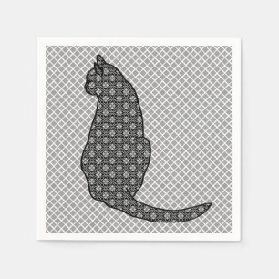 Japanische Katze - Schwarz-Weiß-Kimono-Print Serviette