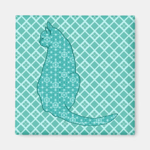 Japanische Katze - Türkisfarben Kimono Print Magnet