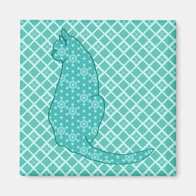 Japanische Katze - Türkisfarben Kimono Print Magnet (Vorne)