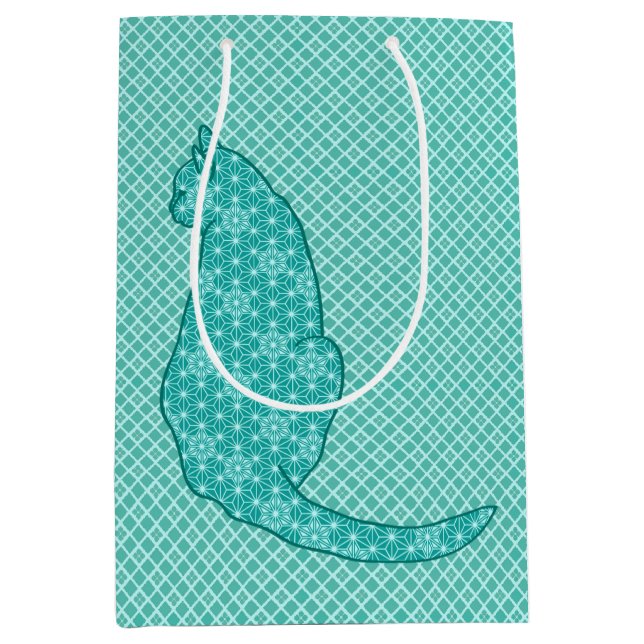 Japanische Katze - Türkisfarben Kimono Print Mittlere Geschenktüte (Vorderseite)