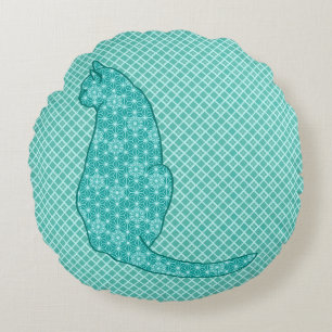 Japanische Katze - Türkisfarben Kimono Print Rundes Kissen