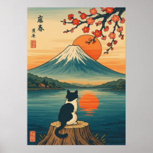 Japanische Katze Watching Mount Fuji Sunset Poster