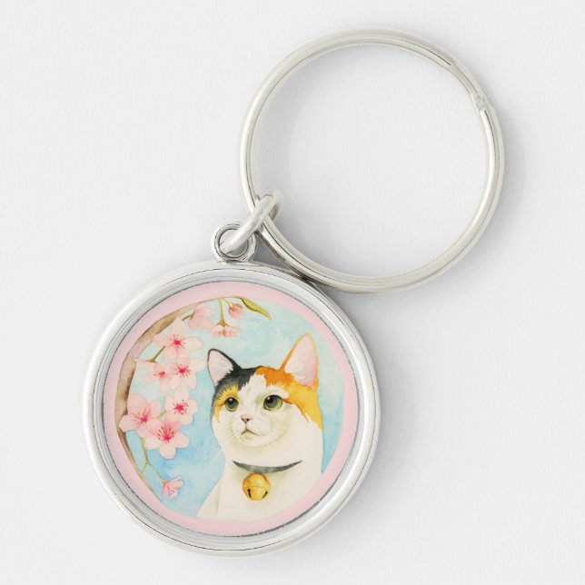Japanische Katzen-Aquarell-Kunst Schlüsselanhänger (Vorne)