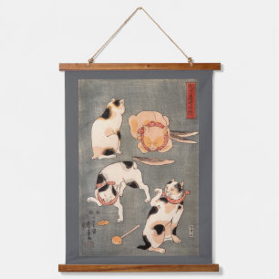 Japanische Katzen, Kuniyoshi, Ukiyo-e Wandteppich Mit Holzrahmen