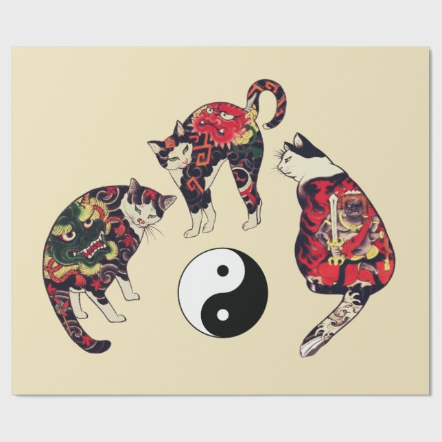 JAPANISCHE KATZEN, ROTE TATTOOS, YIN YANG GESCHENKPAPIER (Flach)