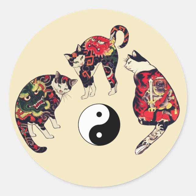 JAPANISCHE KATZEN, ROTE TATTOOS, YIN YANG RUNDER AUFKLEBER (Vorderseite)