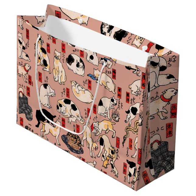 Japanische Katzen Ukiyo-e Funny kitty Große Geschenktüte (Vorderseite Schrägansicht)