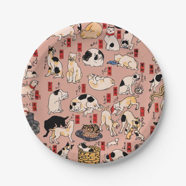 Japanische Katzen Ukiyo-e Funny kitty Pappteller (Vorderseite)